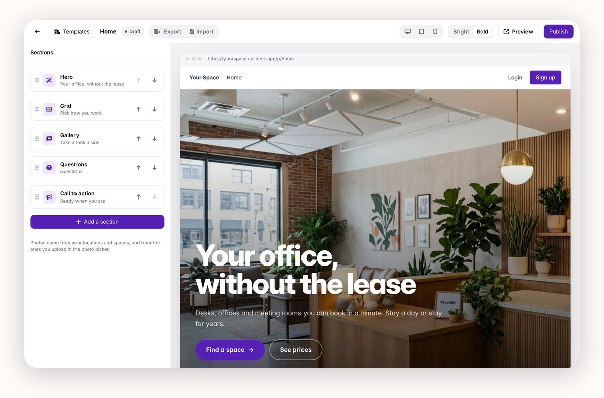 The Co-Desk page editor with a list of sections and a live preview of a coworking home page